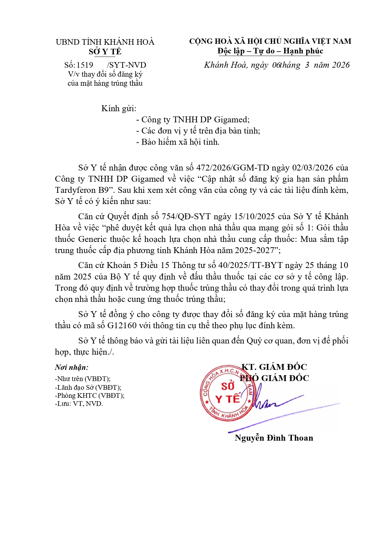 V/v thay đổi số đăng ký của mặt hàng trúng thầu